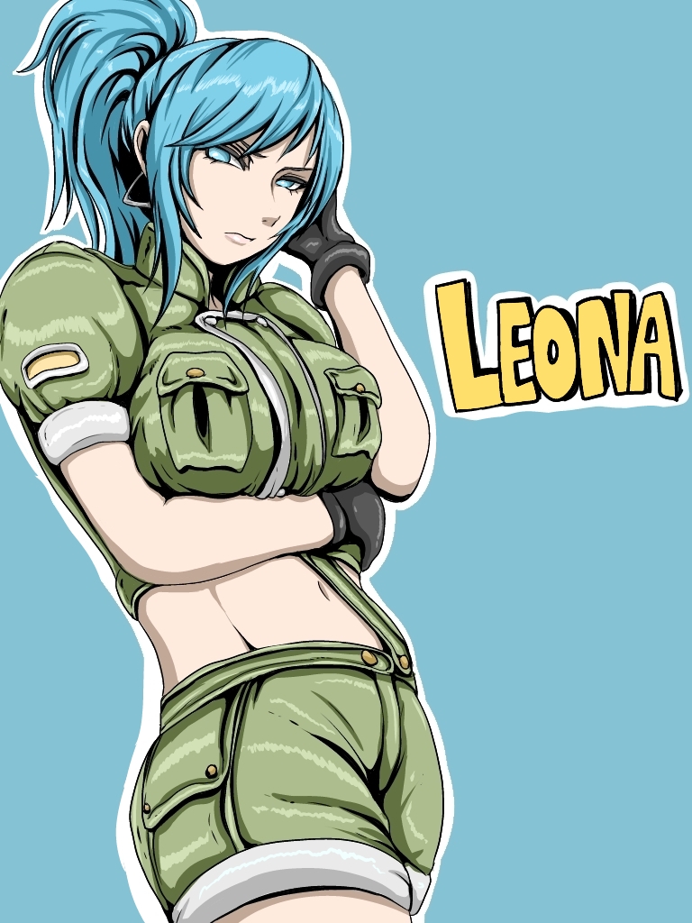 bhm, blue_eyes, blue_hair, breast_lift, breasts, character_name, crop_top, earrings, frown, gloves, hand_in_hair, jewelry, large_breasts, leona_heidern, midriff, ponytail, shorts