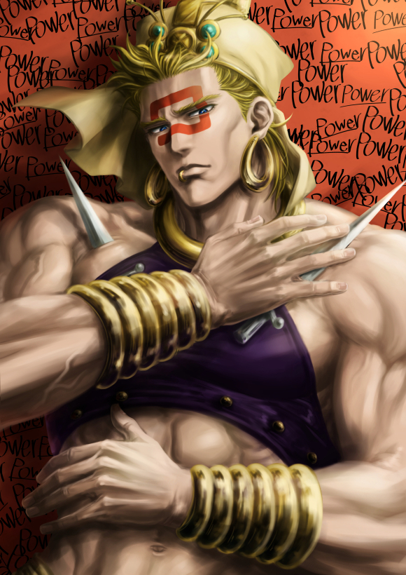 1boy, blue_eyes, bracelet, earrings, facial_mark, hoop_earrings, jewelry, jojo_no_kimyou_na_bouken