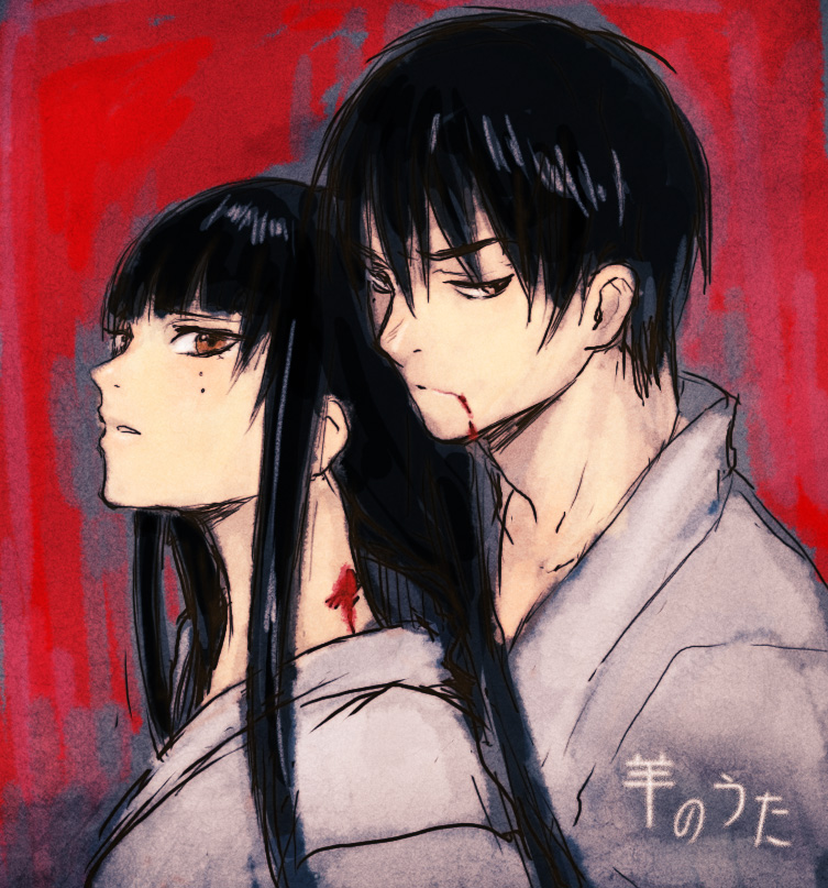 black_hair, blood, blunt_bangs, hime_cut, hitsuji_no_uta, igarashi_ran_(igatz), igatz, japanese_clothes