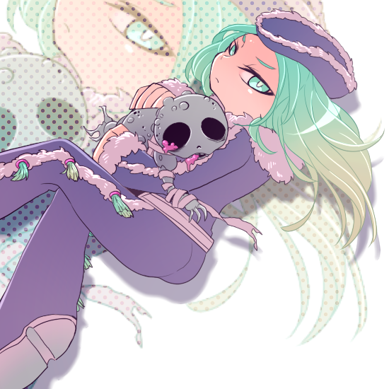 green_eyes, green_hair, hat, jojo_no_kimyou_na_bouken, long_hair, manic_depression_(stand), massimo_volpe, purple_haze_feedback