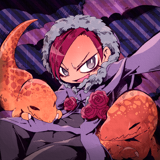 1boy, black_eyes, dinosaur, dr._ferdinand, flower, hood, jojo_no_kimyou_na_bouken, redhead