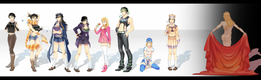 1boy, 6+girls, a821, ass, birthmark, bola_(weapon), breasts, bubble, cape, dio_brando, dixie_cup_hat, flower, genderswap, giorno_giovanna, higashikata_jousuke, higashikata_jousuke_(jojolion), highres, johnny_joestar, jojo_no_kimyou_na_bouken, jojolion, jonathan_joestar, joseph_joestar_(young), kuujou_jolyne, kuujou_joutarou, multiple_girls, red_rose, rose, star, steel_ball_run, thigh-highs
