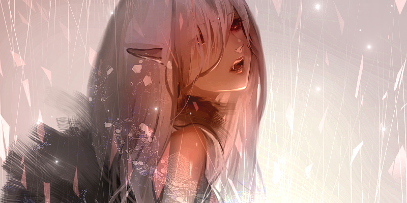 1girl, bare_shoulders, elf, eyelashes, fang, hair_over_one_eye, hebi, long_hair