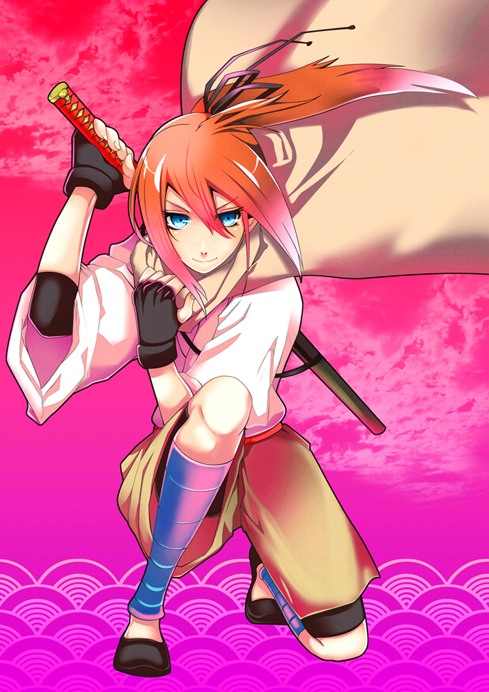 1girl, blue_eyes, fingerless_gloves, gloves, hair_ribbon, japanese_clothes, jippei, katana, kneeling, original, ponytail, redhead, ribbon, shorts, smile, solo, sword, weapon