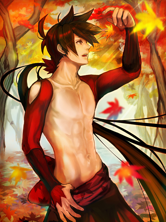 1boy, abs, bare_chest, brown_eyes, brown_hair, collarbone, hakama, japanese_clothes