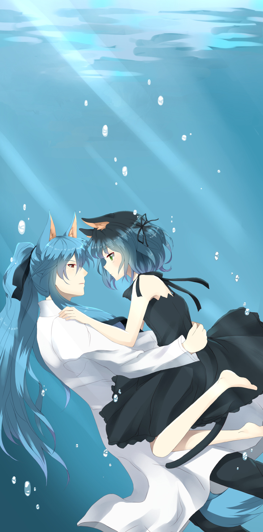 absurdres, animal_ears, barefoot, couple, highres, original, ryone_saru, ryone_yami, underwater, water