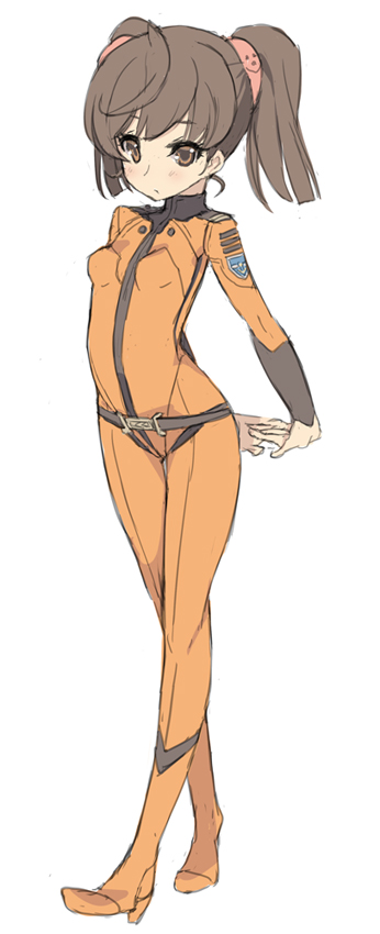 1girl, blade_(galaxist), brown_eyes, brown_hair, jumpsuit, misaki_yuria, simple_background, solo