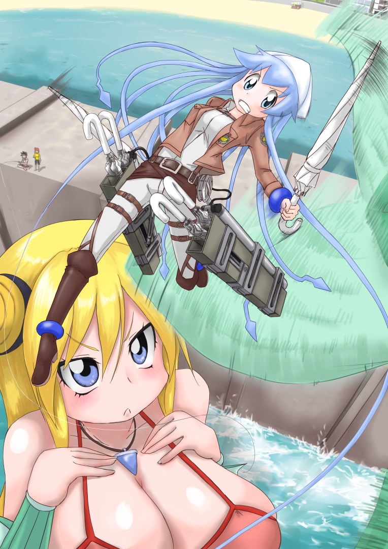 1boy, aizawa_eiko, aizawa_takeru, bikini, black_hair, blonde_hair, blue_eyes, boots, breasts, cleavage, commentary_request, dual_wielding, fuji-san, ikamusume, jacket, large_breasts, long_hair, mermaid, monster_girl, multiple_girls, namiuchigiwa_no_muromi-san, pxton, shingeki_no_kyojin, shinryaku!_ikamusume, short_hair, swimsuit, thigh_strap, three-dimensional_maneuver_gear, umbrella