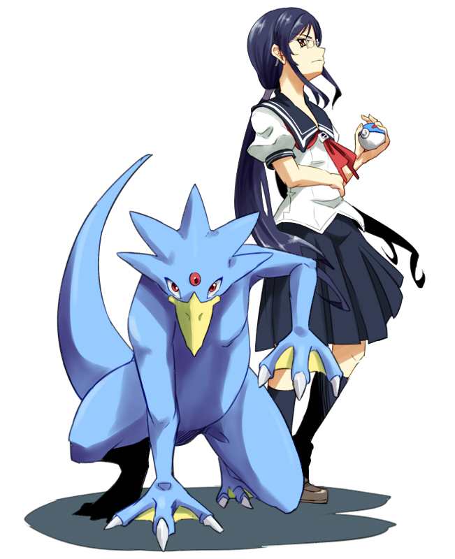 1girl, black_hair, glasses, golduck, great_ball, hayashi_ekyuu, long_hair, muroto_aki