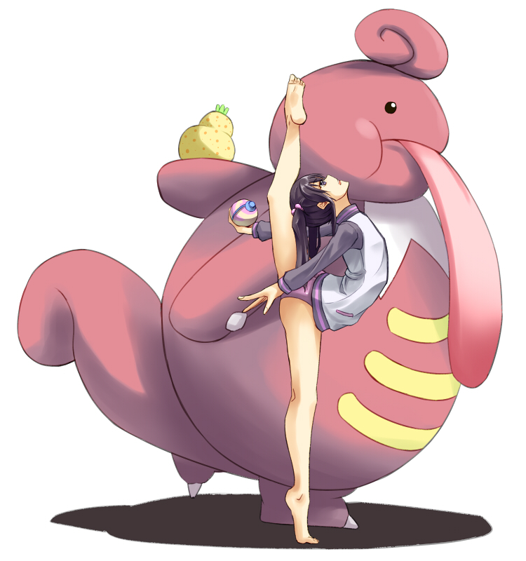 1girl, black_hair, hair_bobbles, hair_ornament, heal_ball, jacket, lickilicky, long_sleeves