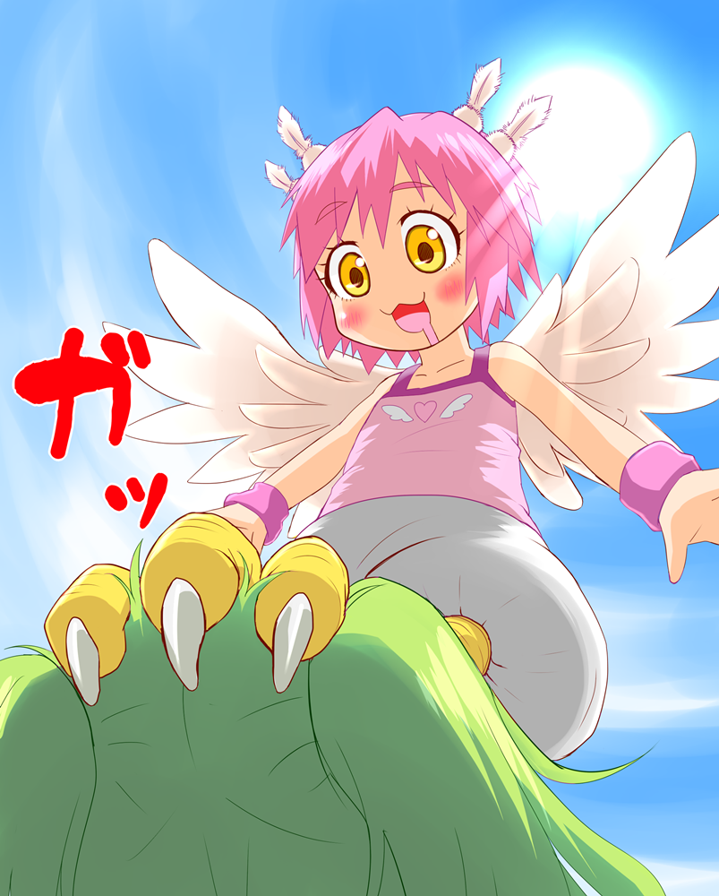 2girls, bird_wings, blush, clouds, feathers, green_hair, hair_ornament, harpy, harpy_(muromi-san), monster_girl, multiple_girls, muromi-san, namiuchigiwa_no_muromi-san, open_mouth, pink_hair, short_hair, sky, sun, wings, yellow_eyes