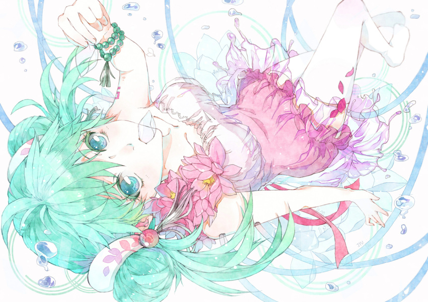 1girl, aqua_eyes, bracelet, dress, green_hair, hatsune_miku, jewelry, jyu