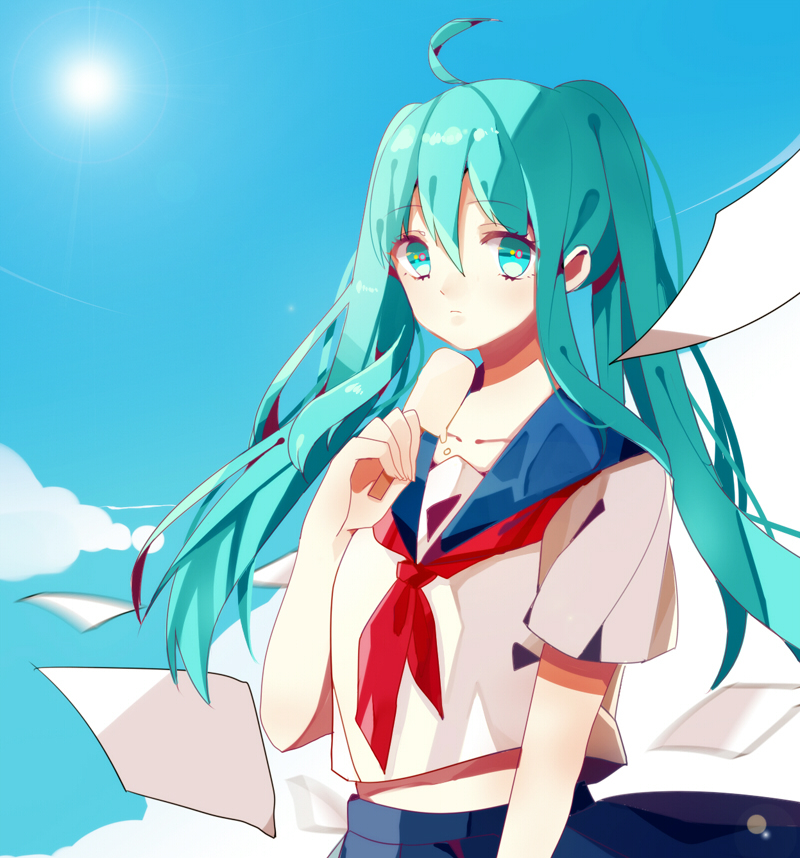 1girl, ahoge, green_eyes, green_hair, hanaka, hatsune_miku, long_hair, paper