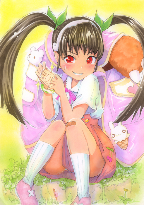 bad_id, bag, bakemonogatari, bandaid, black_hair, blush, bow, bracelet
