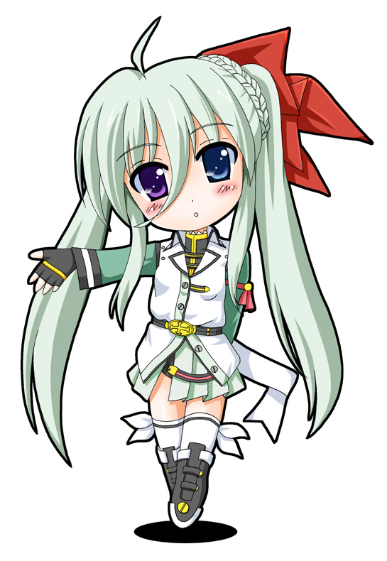 ahoge, belt, blue_eyes, blush, chibi, einhart_stratos, fingerless_gloves, flipper