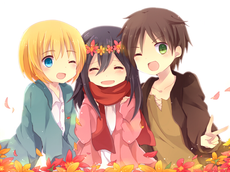 1girl, 2boys, 3535carrot, armin_arlert, black_hair, blonde_hair, blue_eyes, brown_hair