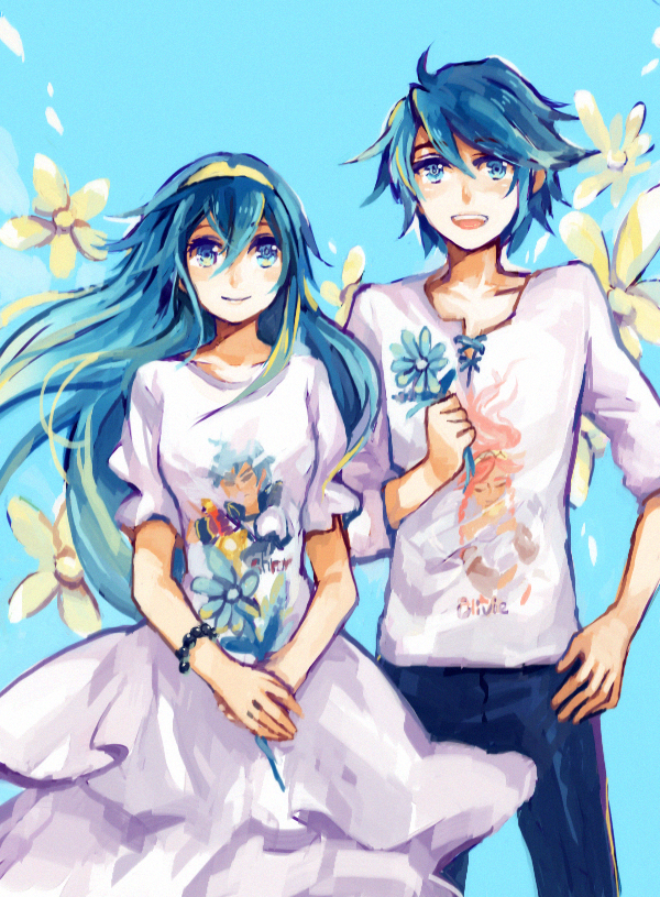 1boy, 1girl, :d, azur_(fire_emblem), blue_eyes, blue_hair, boyfriend_and_girlfriend, bracelet