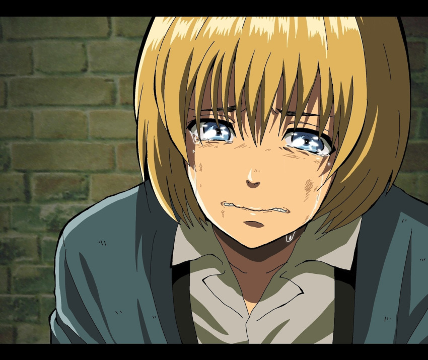 1boy, anime_coloring, armin_arlert, blonde_hair, blue_eyes, highres, letterboxed, male, official_style, ryo_(0626kk), sad, shingeki_no_kyojin, solo, tears, wall