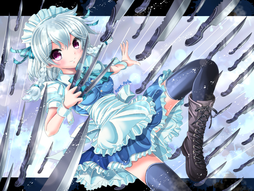 1girl, black_legwear, boots, braid, izayoi_sakuya, konpotsu, maid_apron, maid_headdress