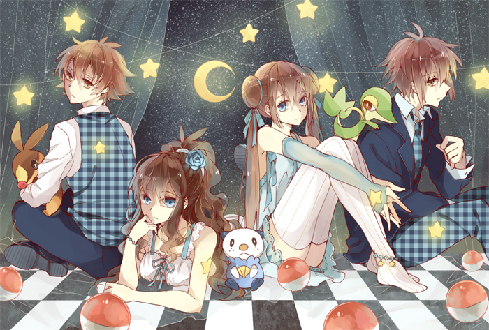 2boys, 2girls, alternate_costume, blue_eyes, blue_rose, brown_eyes, brown_hair, crescent_moon, double_bun, elbow_gloves, flower, formal, gloves, hair_flower, hair_ornament, high_ponytail, kyouhei_(pokemon), long_hair, looking_at_viewer, mei_(pokemon), moon, multiple_boys, multiple_girls, oshawott, poke_ball, pokemon, pokemon_(creature), pokemon_(game), pokemon_bw, pokemon_bw2, rose, shioha, short_hair, snivy, star, suit, tepig, thigh-highs, touko_(pokemon), touya_(pokemon), twintails, white_legwear