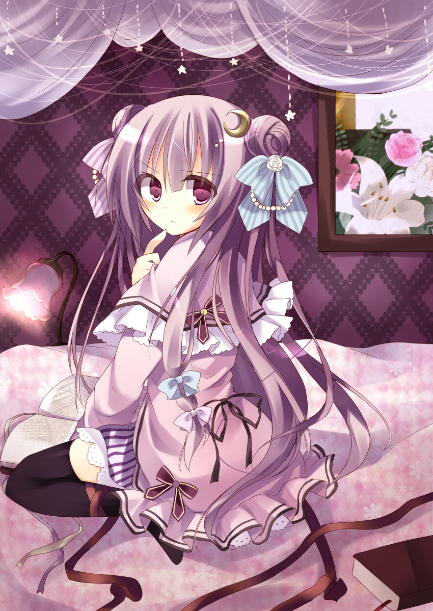 1girl, absurdres, alternate_hairstyle, bed, book, double_bun, flower, hair_ornament