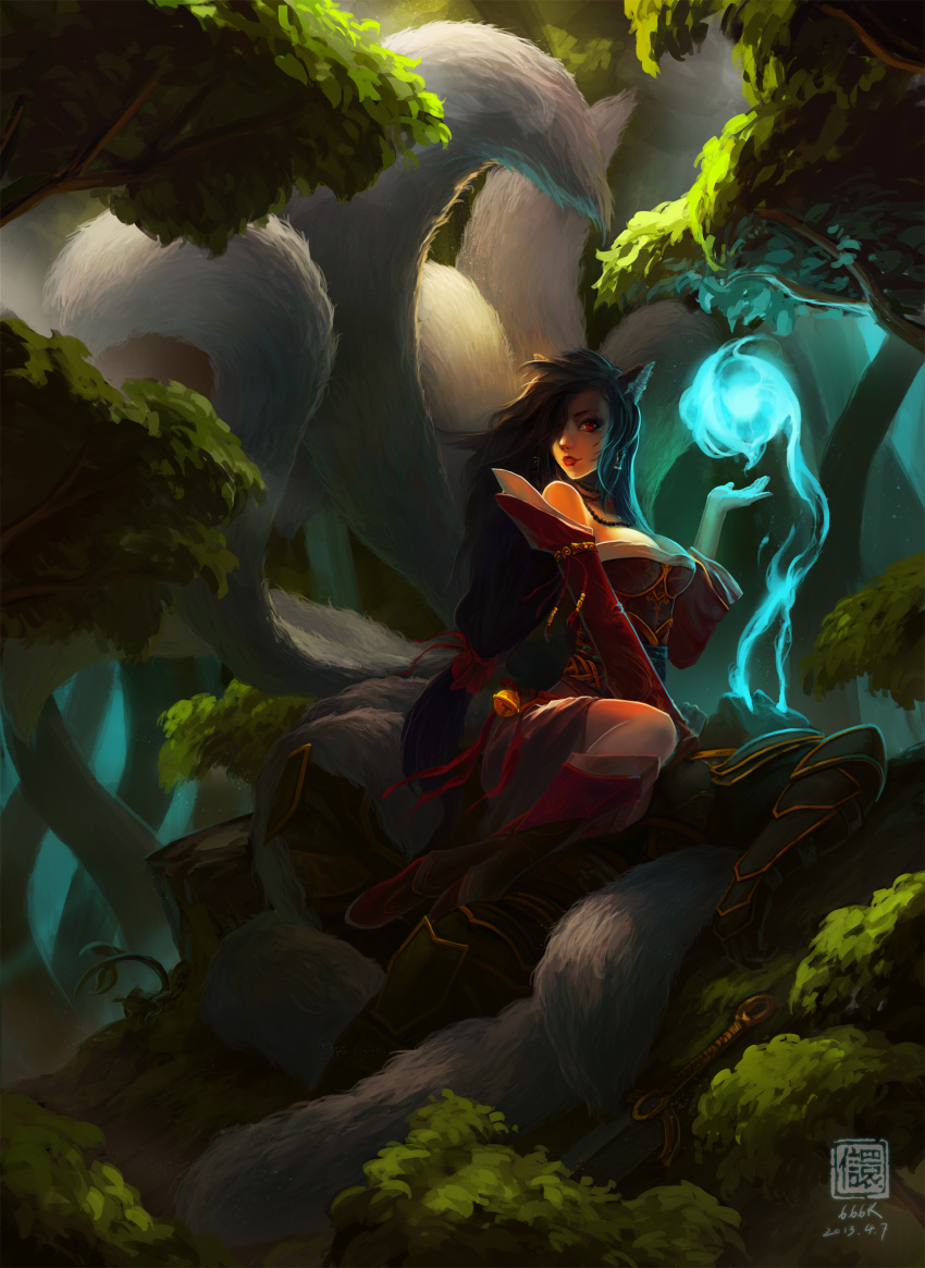 6kart, absurdres, ahri, animal_ears, armor, black_hair, boots, breasts, cleavage, energy, fox_ears, fox_tail, highres, league_of_legends, long_hair, red_eyes, signature, sword, tagme, tail, tree, weapon