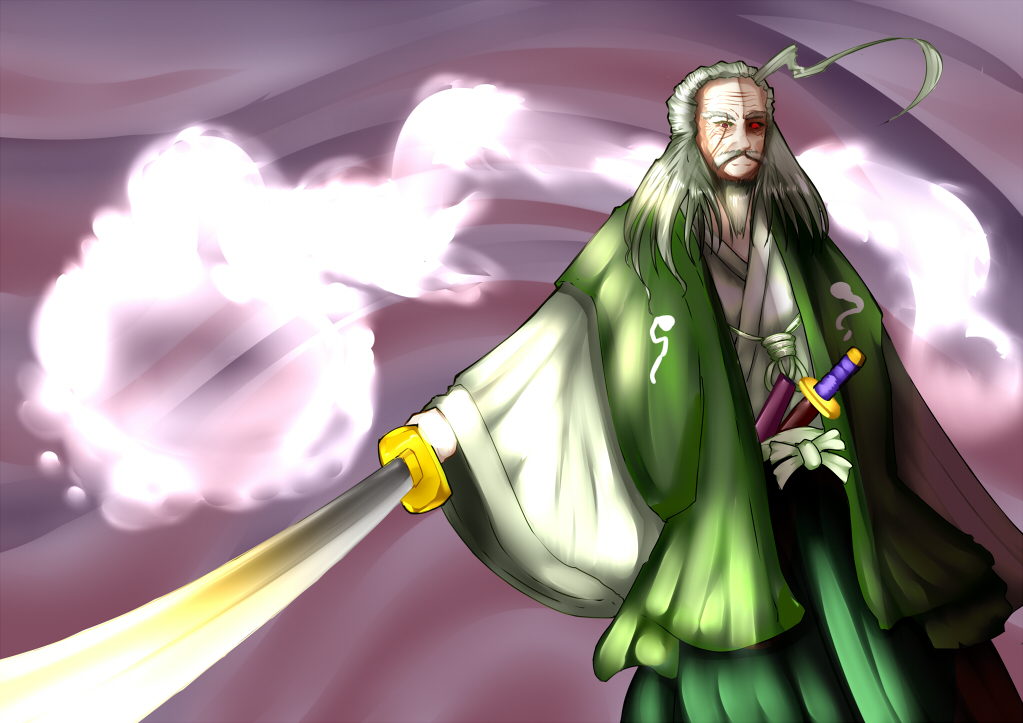1boy, ahoge, beard, facial_hair, foreshortening, gradient, gradient_background, japanese_clothes