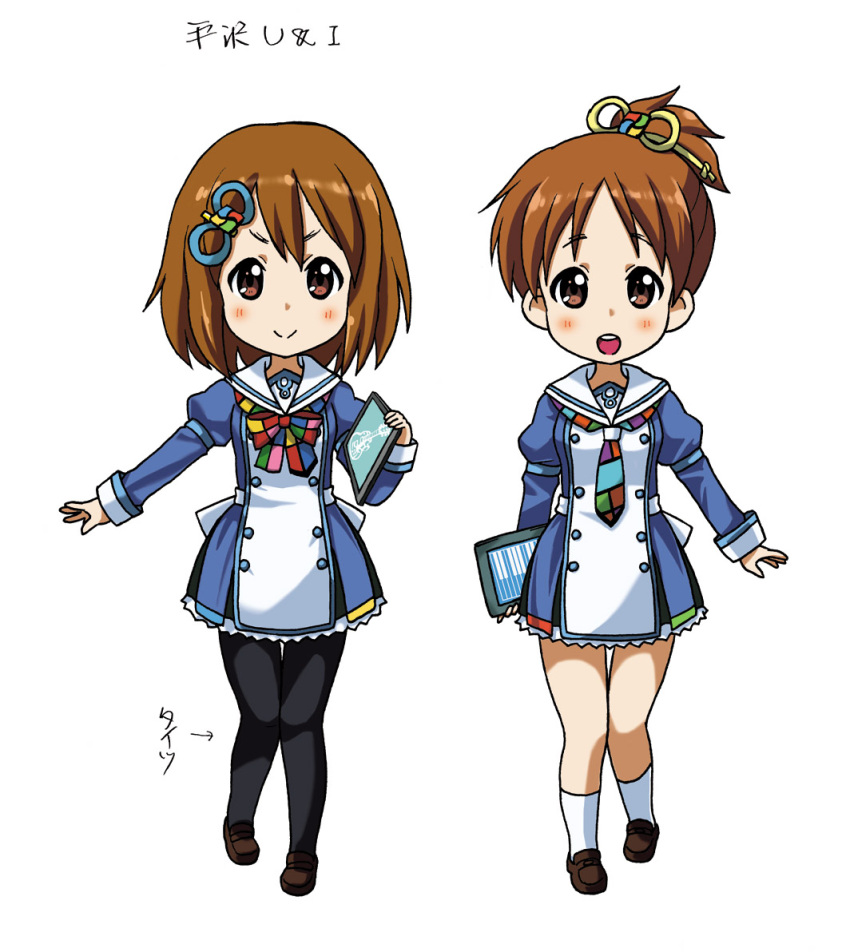 2girls, black_legwear, blush, bow, brown_eyes, brown_hair, dress, hair_ornament