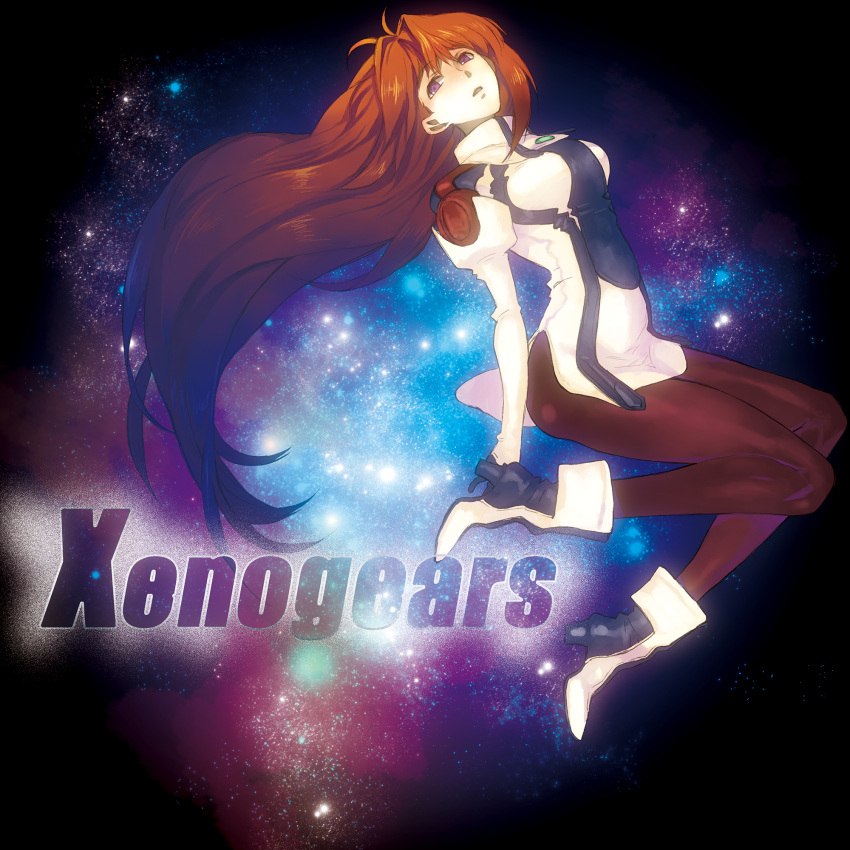 1girl, blue_eyes, elhaym_van_houten, highres, janus, long_hair, orange_hair, pantyhose