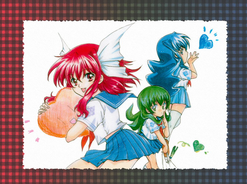 3girls, bag, blue_eyes, blue_hair, blush, emblem, green_eyes, green_hair