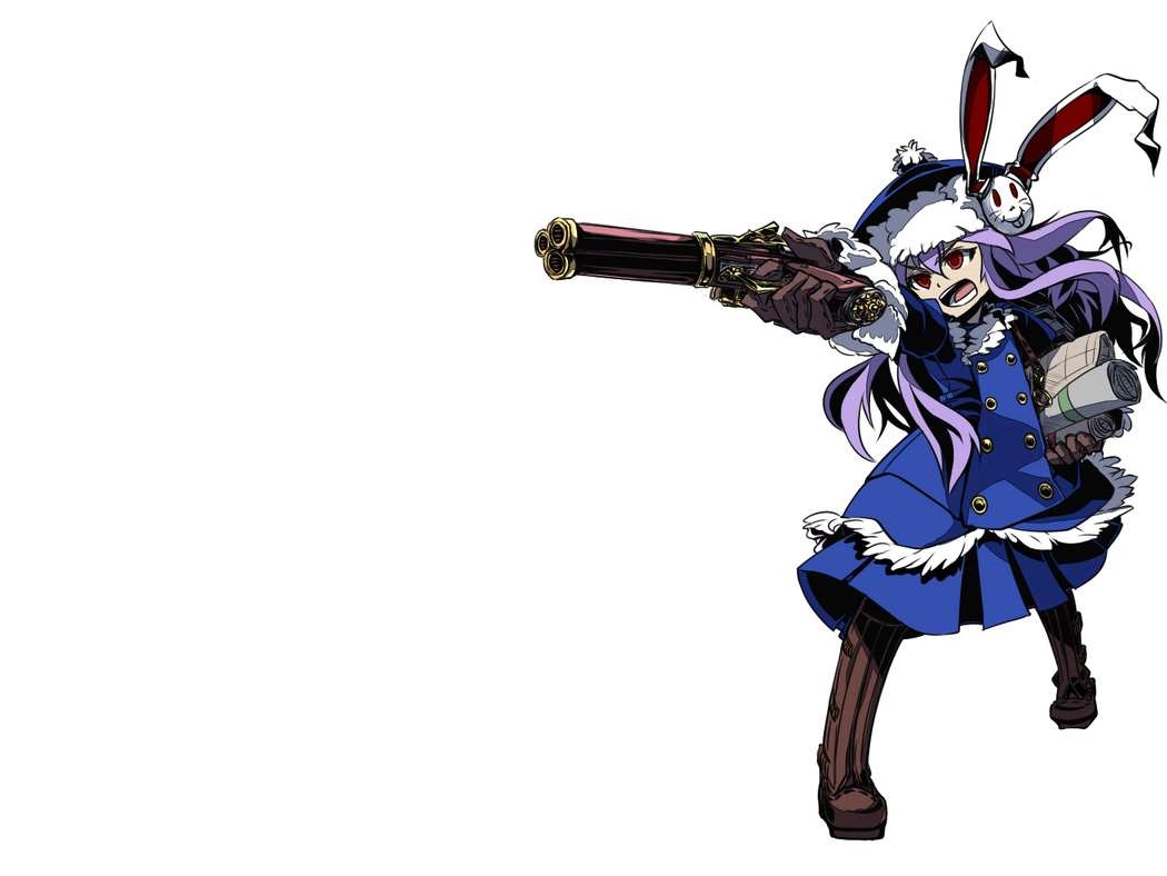 1girl, gun, hat, long_hair, open_mouth, purple_hair, red_eyes, simple_background