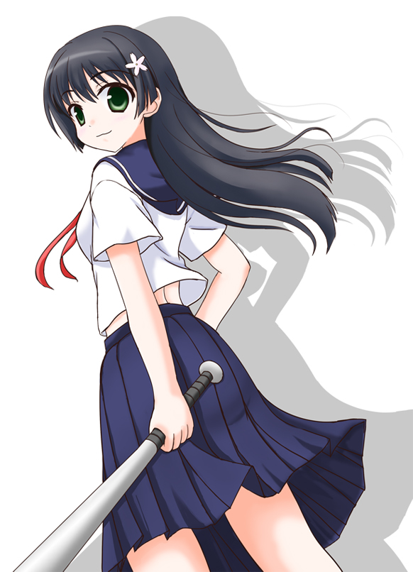 1girl, :3, baseball_bat, black_hair, flower, from_below, green_eyes, hair_flower, hair_ornament, long_hair, raku_kokorosashi, saten_ruiko, school_uniform, serafuku, to_aru_kagaku_no_railgun, to_aru_majutsu_no_index
