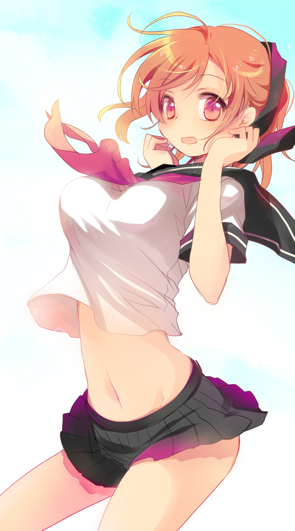 megami_ibunroku_devil_survivor, midriff, miyu_(matsunohara), navel, orange_hair, red_eyes, skirt, tanigawa_yuzu