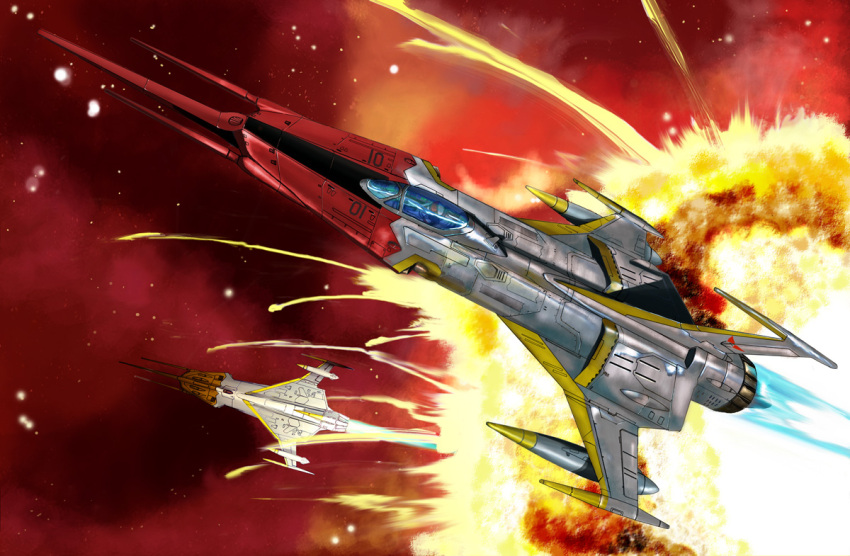 antennae, battle, canopy, cockpit, cosmo_zero, epic, explosion, helmet, i.t.o_daynamics, pilot, pilot_suit, realistic, science_fiction, space, space_craft, spacesuit, star_(sky), starfighter, uchuu_senkan_yamato, uchuu_senkan_yamato_2199