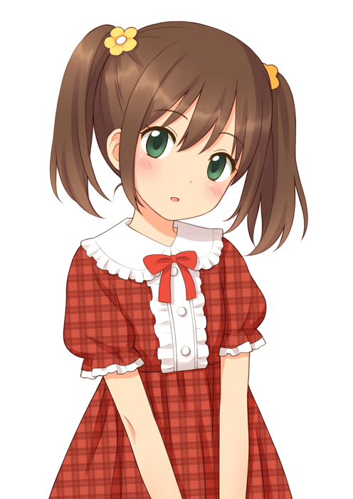 1girl, brown_hair, child, flower, green_eyes, hair_ornament, kuro_(chrono), looking_at_viewer, original, ribbon, solo, twintails