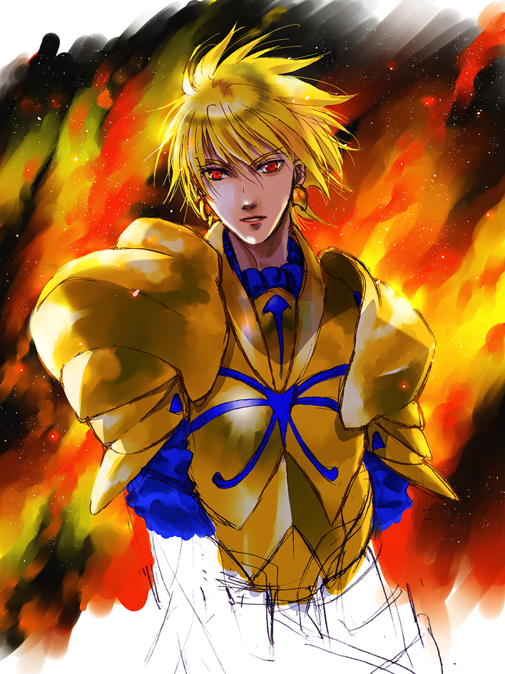 1boy, armor, blonde_hair, earrings, fate/zero, fate_(series), gilgamesh, jewelry