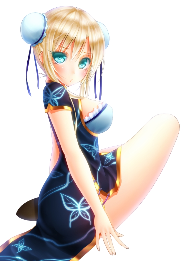 1girl, alternate_costume, aqua_eyes, blonde_hair, blush, boku_wa_tomodachi_ga_sukunai, breasts, chinese_clothes, double_bun, kashiwazaki_sena, large_breasts, noppi_(noppi_98), ribbon, solo