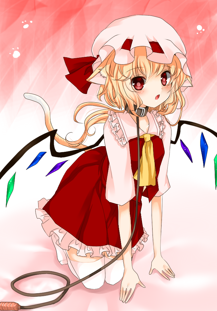 1girl, all_fours, animal_ears, ascending, blonde_hair, cat_ears, cat_tail, collar, flandre_scarlet, hat, hat_ribbon, kemonomimi_mode, koyashaka, leash, looking_at_viewer, open_mouth, paw_print, red_eyes, ribbon, shirt, skirt, skirt_set, solo, tail, touhou, vest, wings