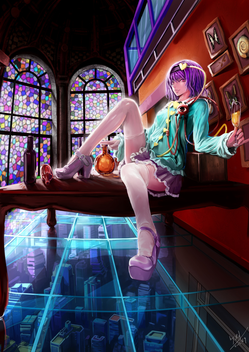 1girl, absurdres, bbkid, bottle, cityscape, cup, glass_floor, hairband, heart, high_heels, highres, holding, komeiji_satori, light_smile, looking_at_viewer, pink_eyes, purple_hair, shoes, solo, stained_glass, table, thigh-highs, touhou, white_legwear, wine_glass