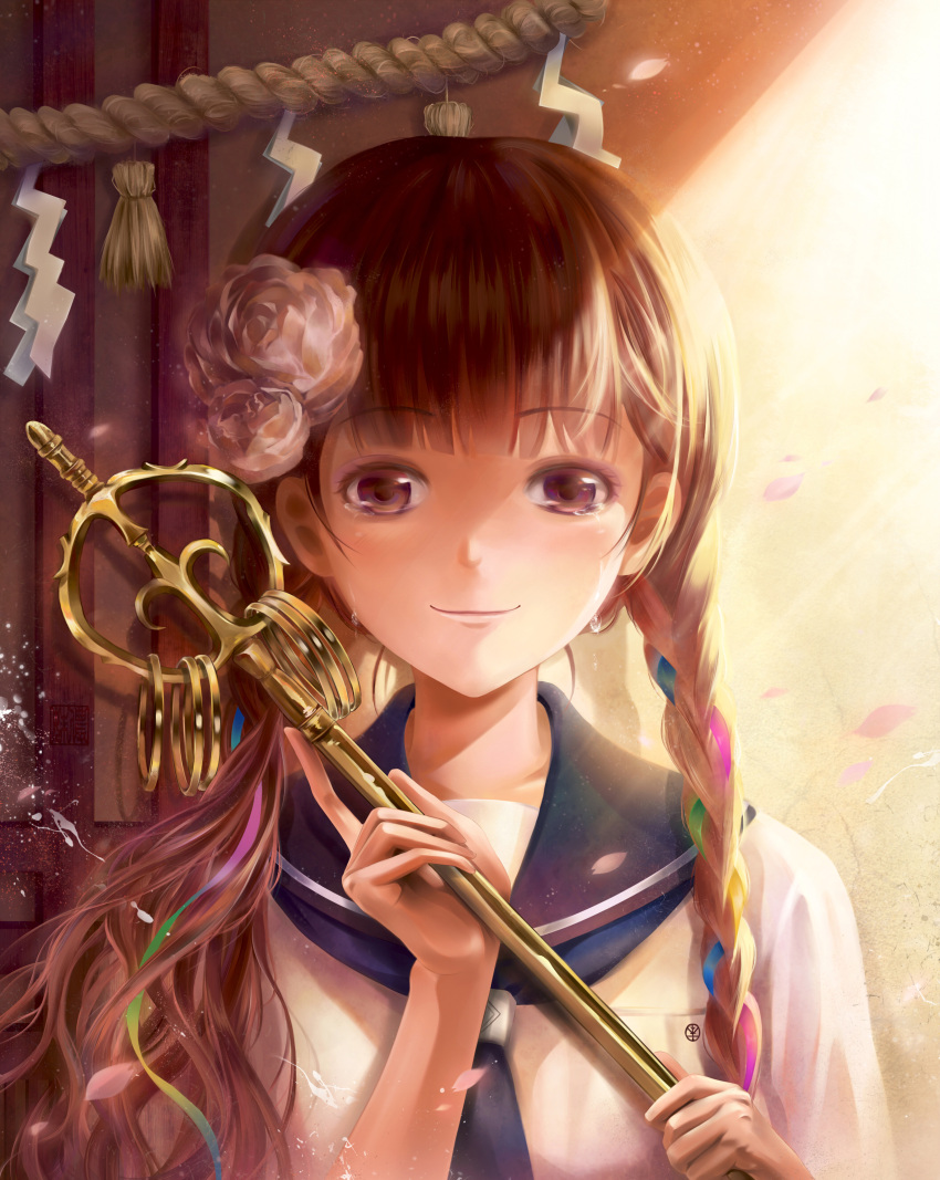 1girl, absurdres, braid, brown_hair, flower, hair_flower, hair_ornament, highres, lns, long_hair, rdg_red_data_girl, school_uniform, serafuku, shakujo, staff, suzuhara_izumiko, tears