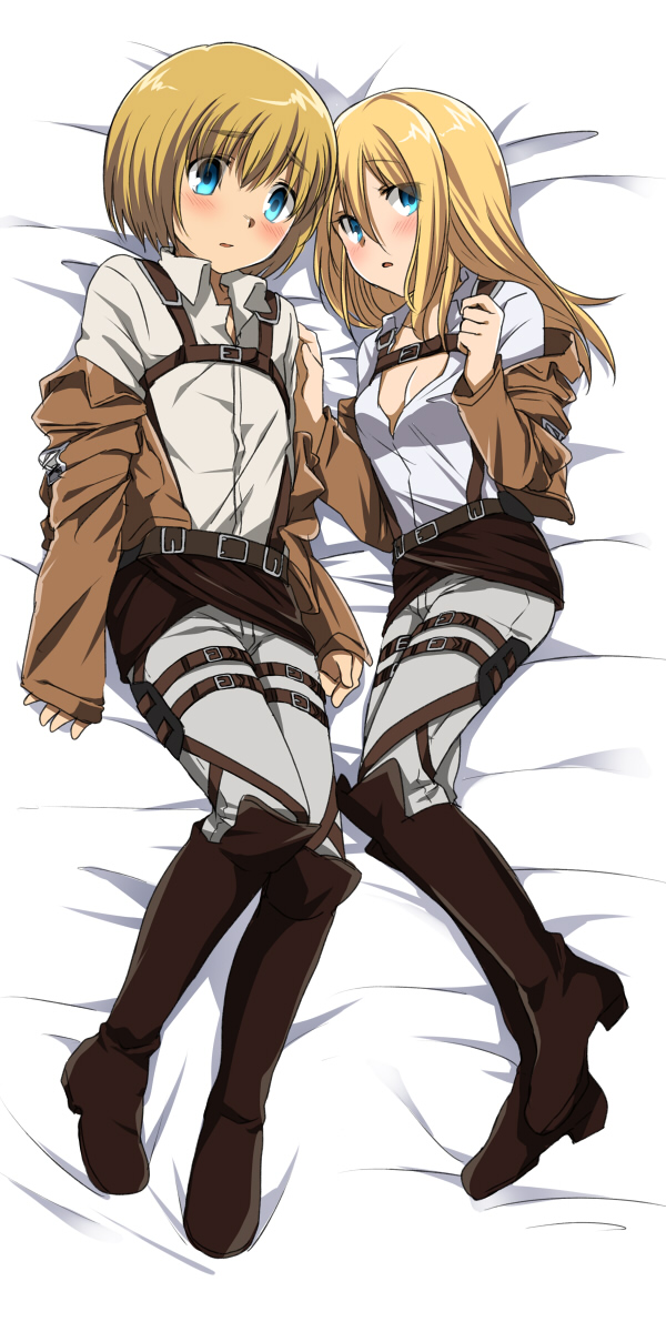 1boy, 1girl, armin_arlert, belt, blonde_hair, blue_eyes, blush, boots