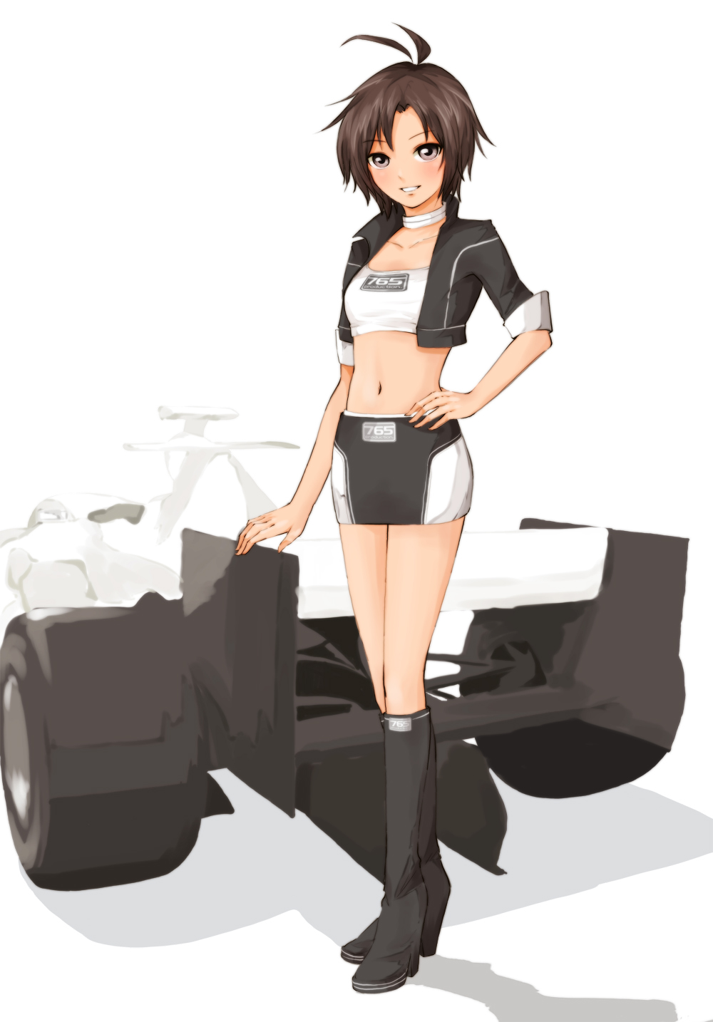 1girl, antenna_hair, bad_id, blush, boots, brown_eyes, brown_hair, cropped_jacket