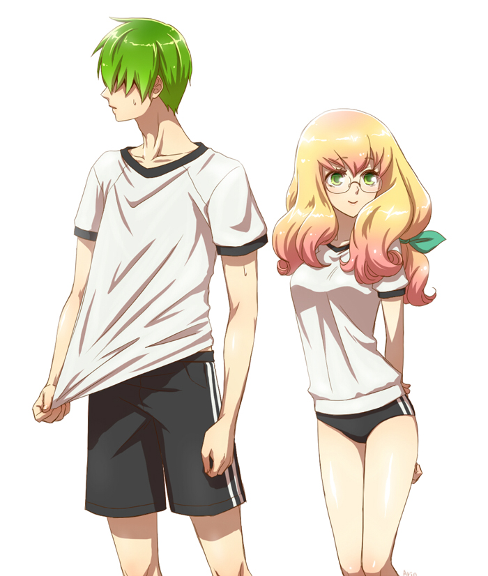 1boy, 1girl, arin66, blazblue, blazblue_phase_0, blonde_hair, blush, buruma