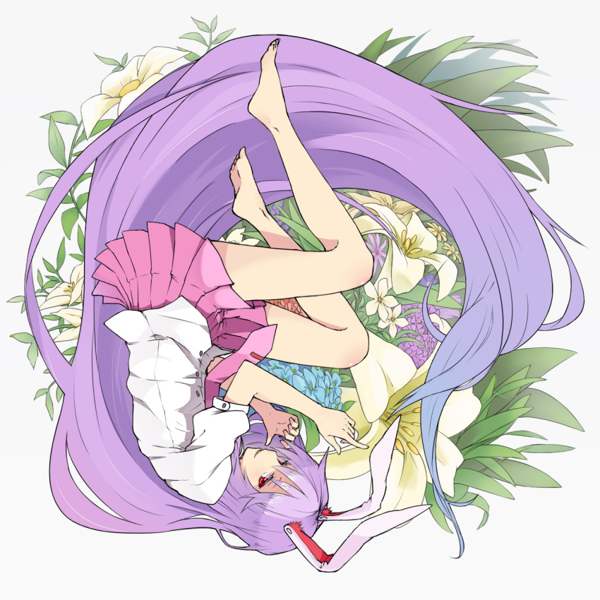 1girl, absurdly_long_hair, animal_ears, barefoot, flower, highres, long_hair, lunaticprince