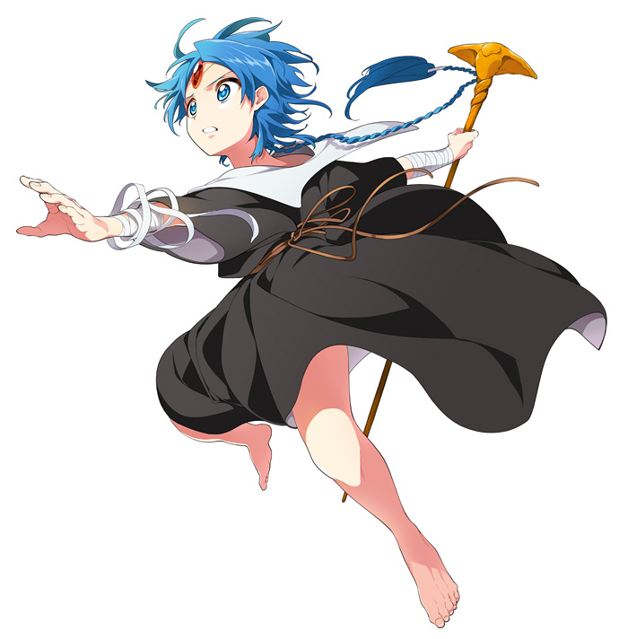 1boy, aladdin_(magi), barefoot, blue_eyes, blue_hair, braid, dalc_rose, jewelry