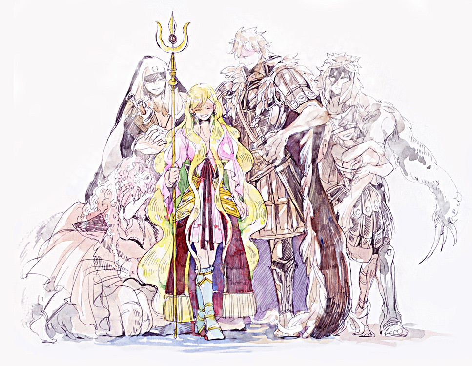 3boys, 3girls, armor, blonde_hair, closed_eyes, dress, food, fruit