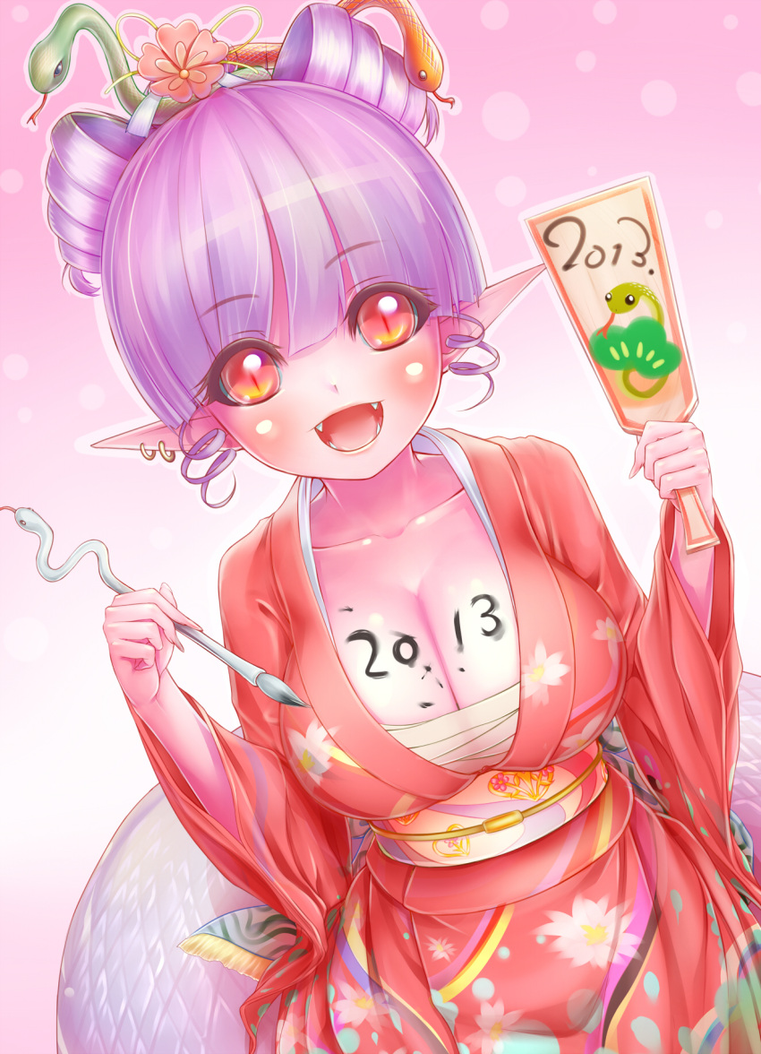 1girl, 2013, blush, body_writing, breasts, cleavage, hagoita, highres