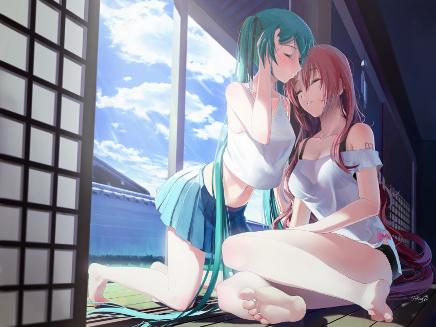 2girls, adjusting_hair, bare_legs, bare_shoulders, barefoot, black_panties, blue_sky, blush