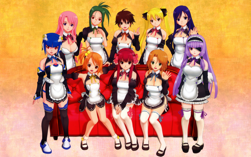 amane_(dream_c_club), black_hair, blonde_hair, blue_hair, breasts, brown_hair, cleavage, detached_sleeves
