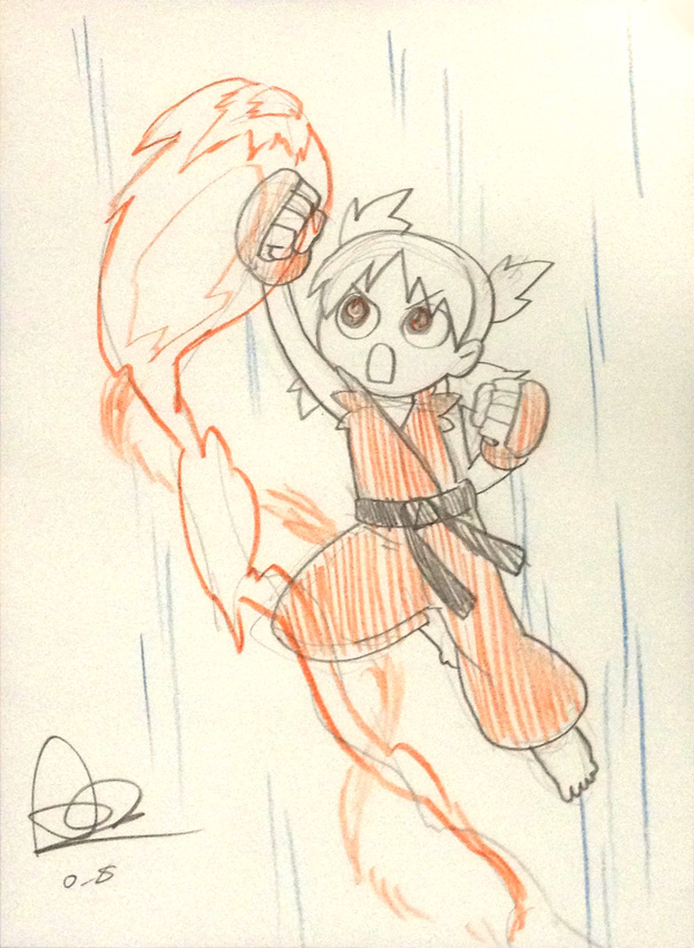 1girl, alex_ahad, barefoot, cosplay, dougi, ken_masters, ken_masters_(cosplay), koiwai_yotsuba, quad_tails, scan, short_hair, shouryuuken, signature, solo, street_fighter, traditional_media, uppercut, yotsubato!